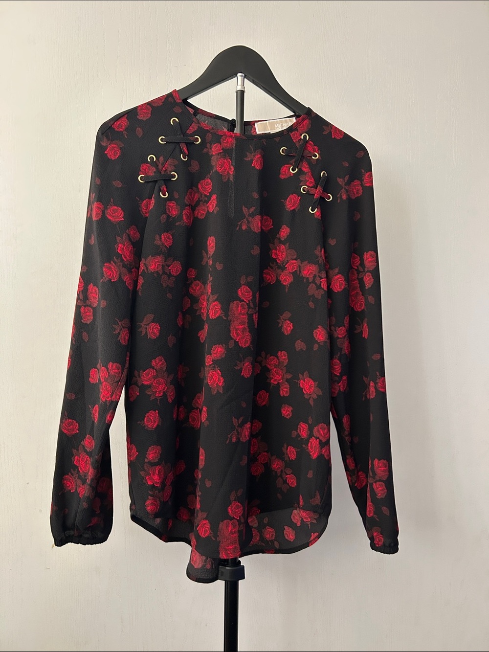 MICHAEL Michael Kors Black Blouse with Red Rose Print and Lace-Up Neck